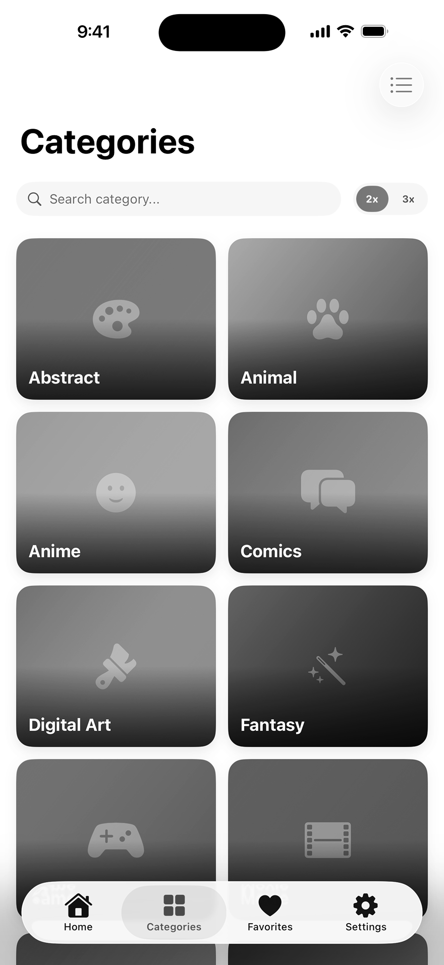 Glassora categories screen