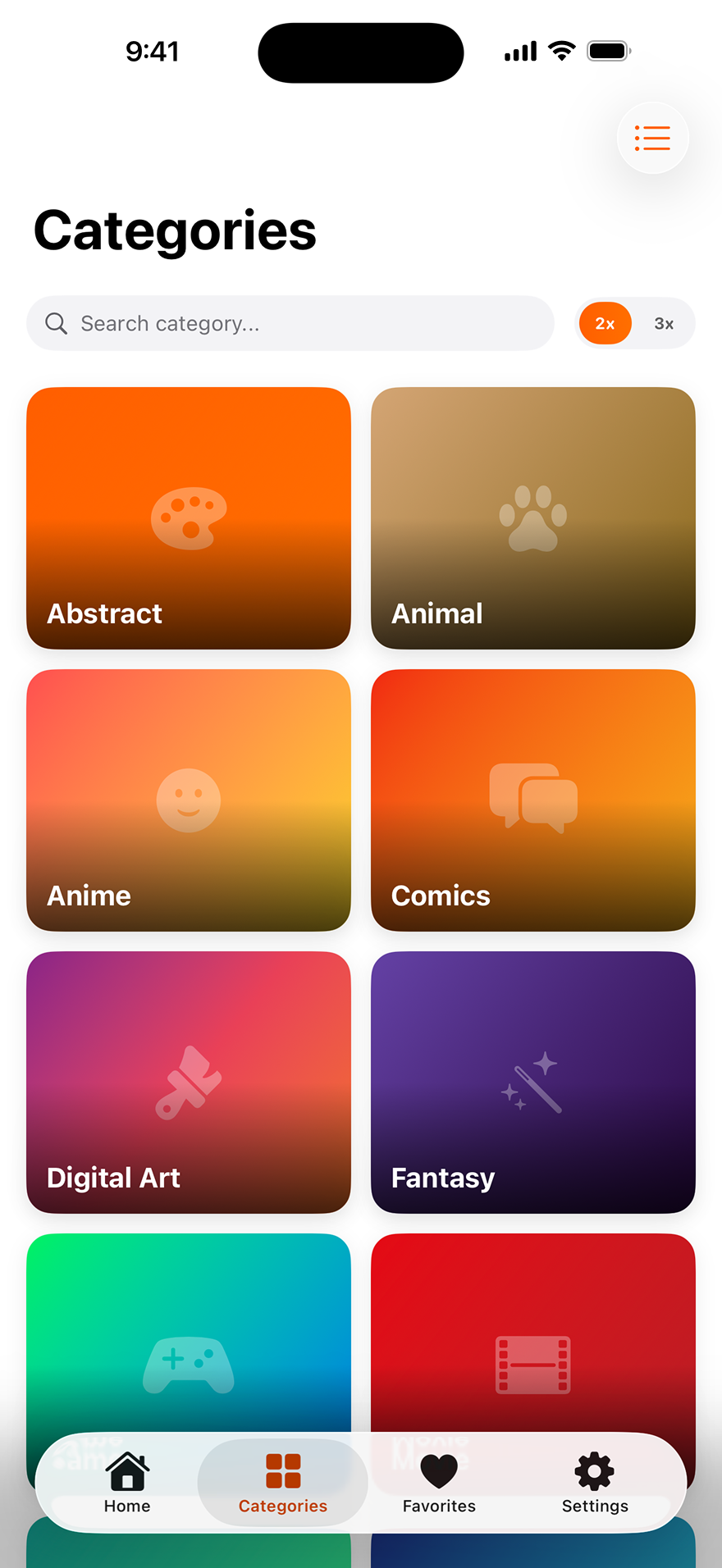 Glassora categories light mode