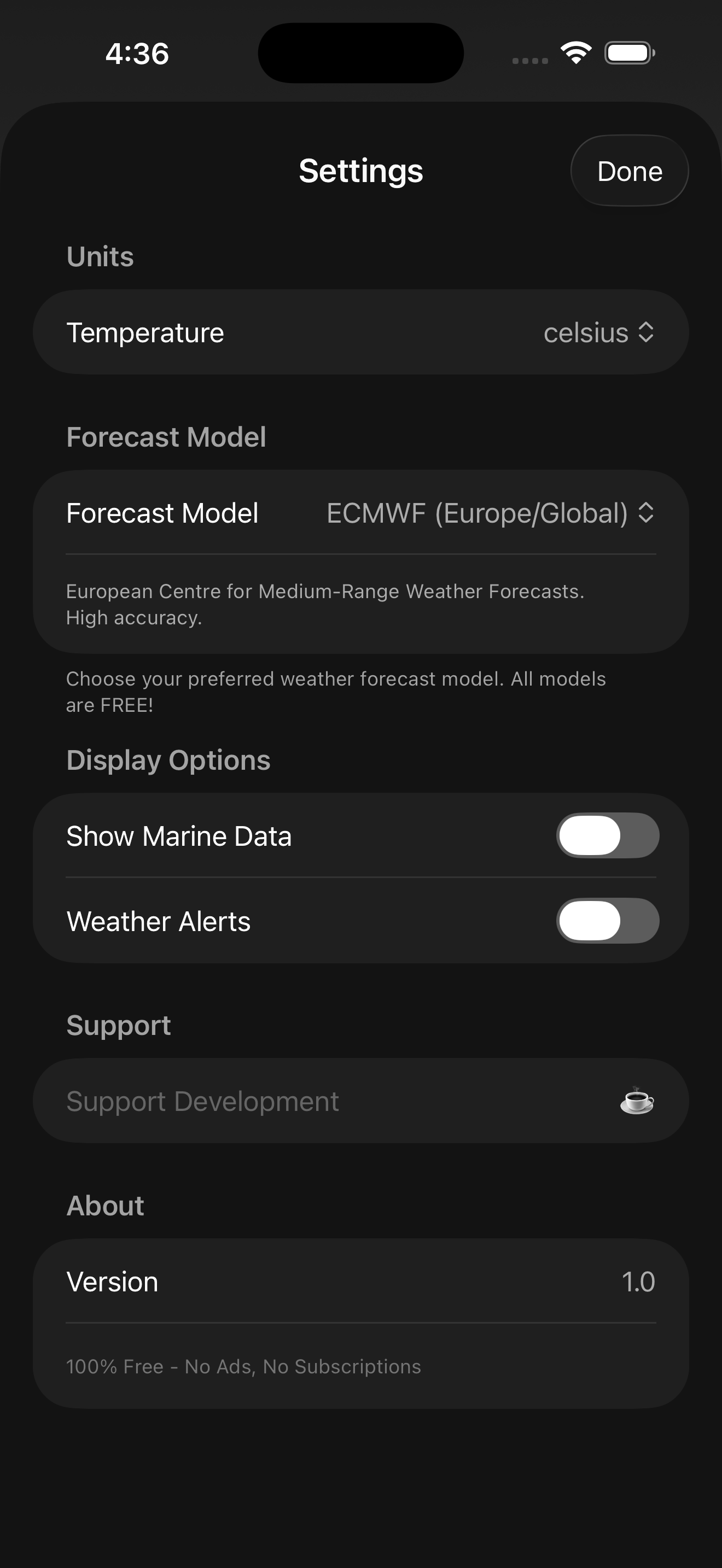 Wyndra settings screen